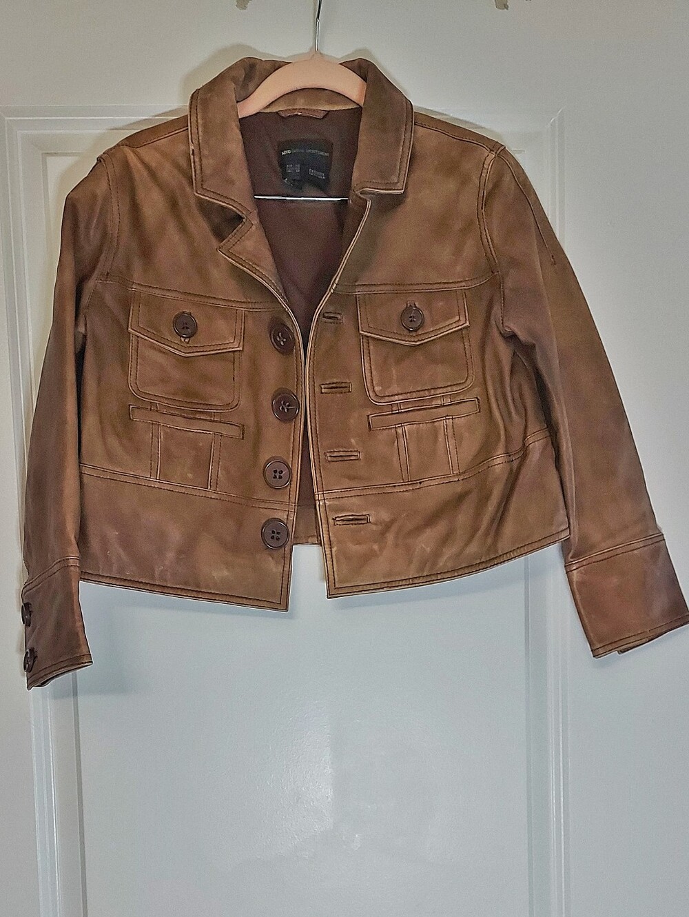 Archival Mango Women's Cropped Brown Leather Button-Front REAL LEATHER Jacket